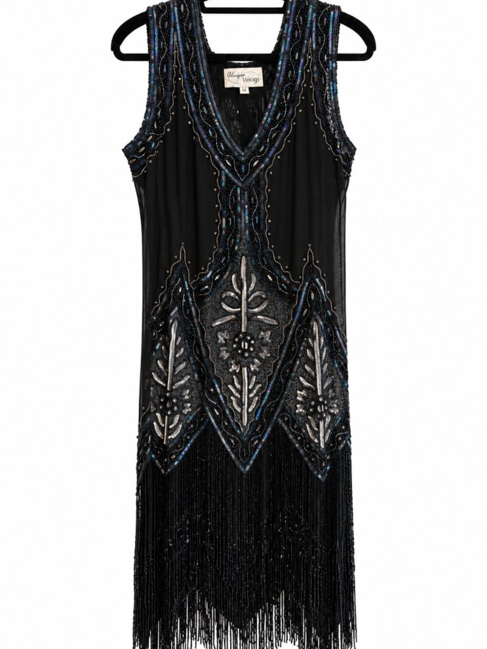 Unique Vintage XL Art Deco Beaded Sequin Fringe Flapper Dress Black